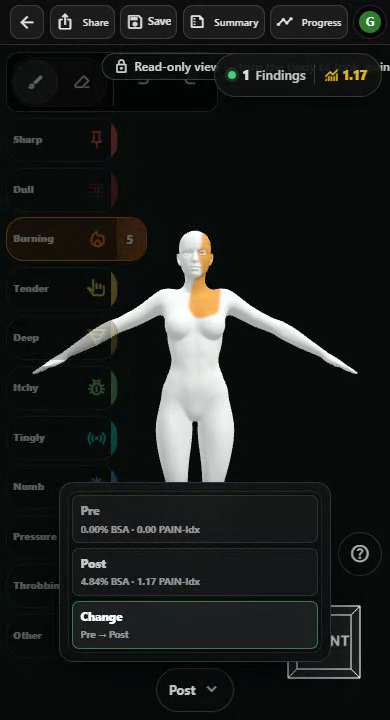 A simulated Pre and Post comparison shown on the 3D body chart.