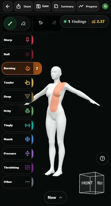 The painted 3D body turns, zooms closer, and moves within the mobile workspace.