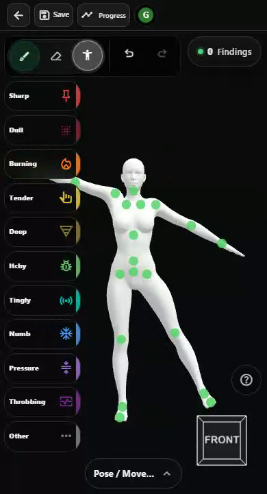 A simulated case shown on the poseable 3D body chart.